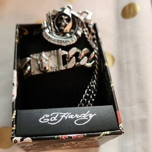Ed Hardy Metallic Bracelet with Skull Motif